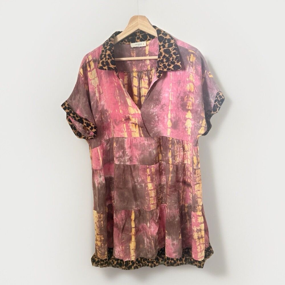 Umgee Dress Women's 1 XL Coral Shibori Tie Dye Leopard Babydoll Lagenlook Mini